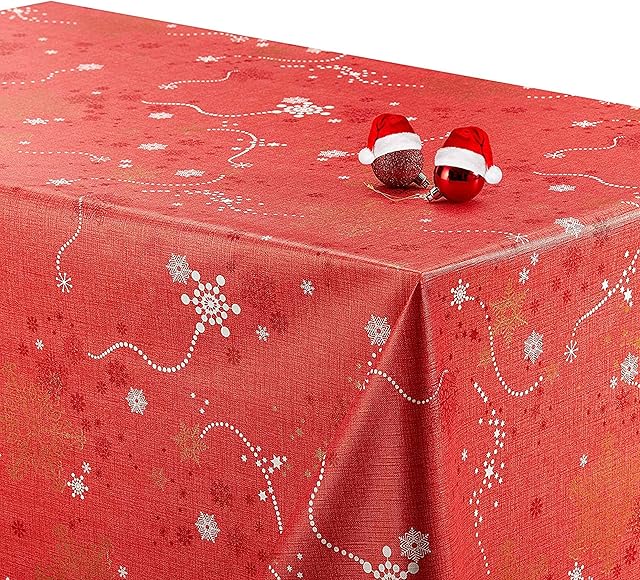 KP HOME Table Cloth Wipeable With Snowflakes PVC Table Cloth Wipe Clean Tablecloth Christmas Red Waterproof Tablecloth Large Xmas Vinyl Table Cloth 250 x 140 Rectangular 8 Seat Oilcloth Tablecloth