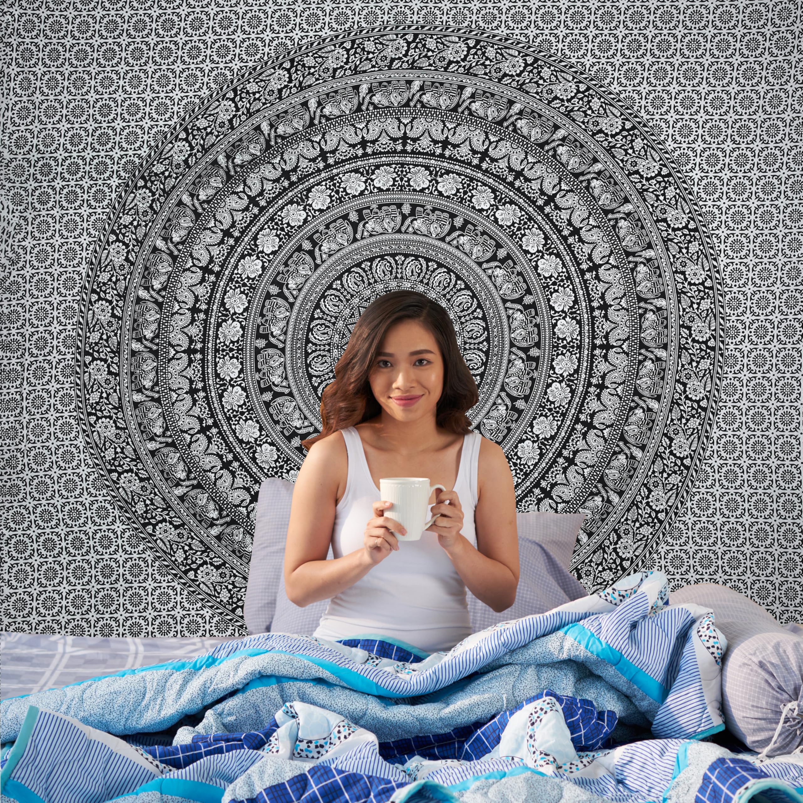 Craft Trade Mandala Elephant Tapestry Black and White Wall Hanging Tapestry Boho Hippie Tapestries for Decor Living Room Yoga Meditation and Bedroom