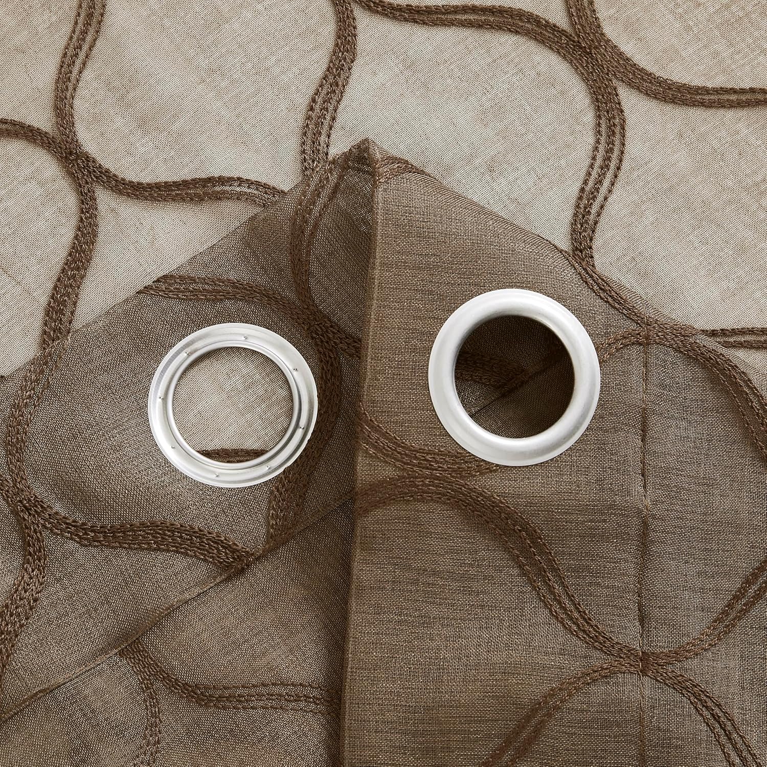 Bujasso Brown Sheer Curtains Embroidered Geometric Light Filtering Curtain Panels for Living Room Bedroom Modern Moroccan Window Treatment Set Voile Sheer Drapes Grommet Top W38 xL95 x2