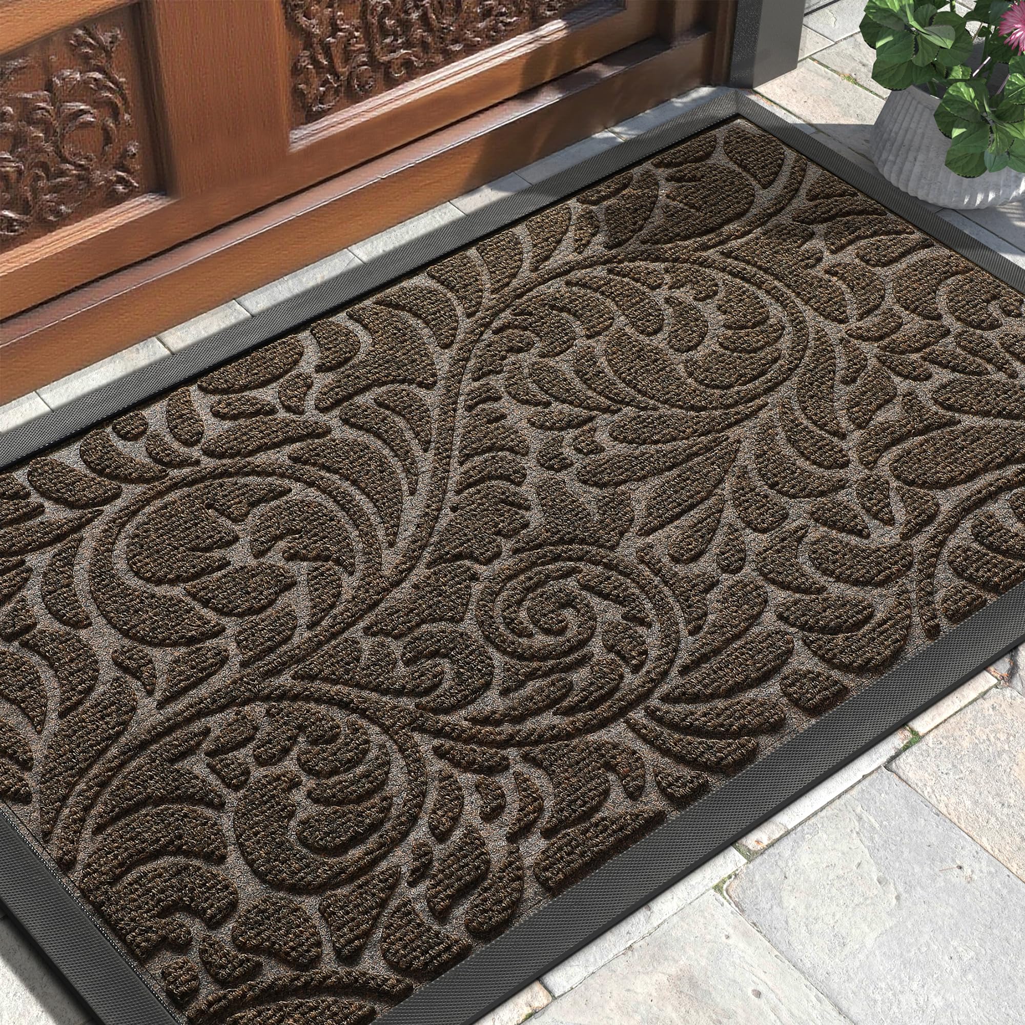 yimobra sturdy door mat, heavy duty front welcome mats for home entrance outdoor indoor, doormat for outside back patio floor entry porch garage office, weather resistant easy clean, 29.5 x 17, coffee