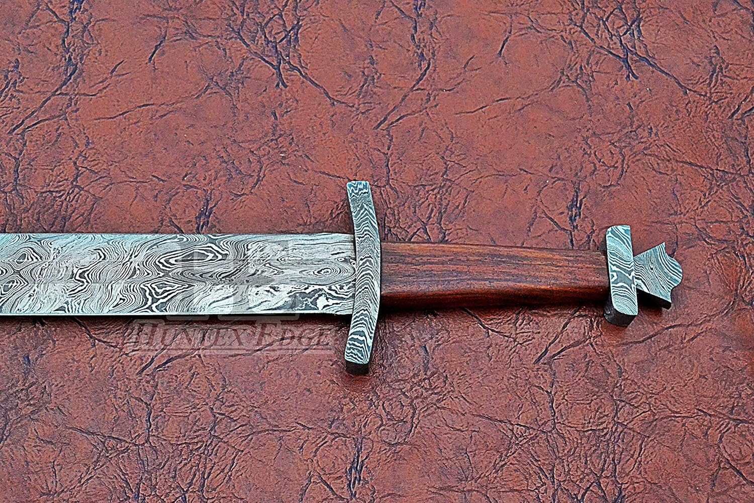 HUNTEX Exclusive Legendary Damascus Steel Sword Dagger Gladius Viking Sword 32 Inch Long Full Tang, Rosewood Handle Razor Sharp with Genuine Leather Scabbard