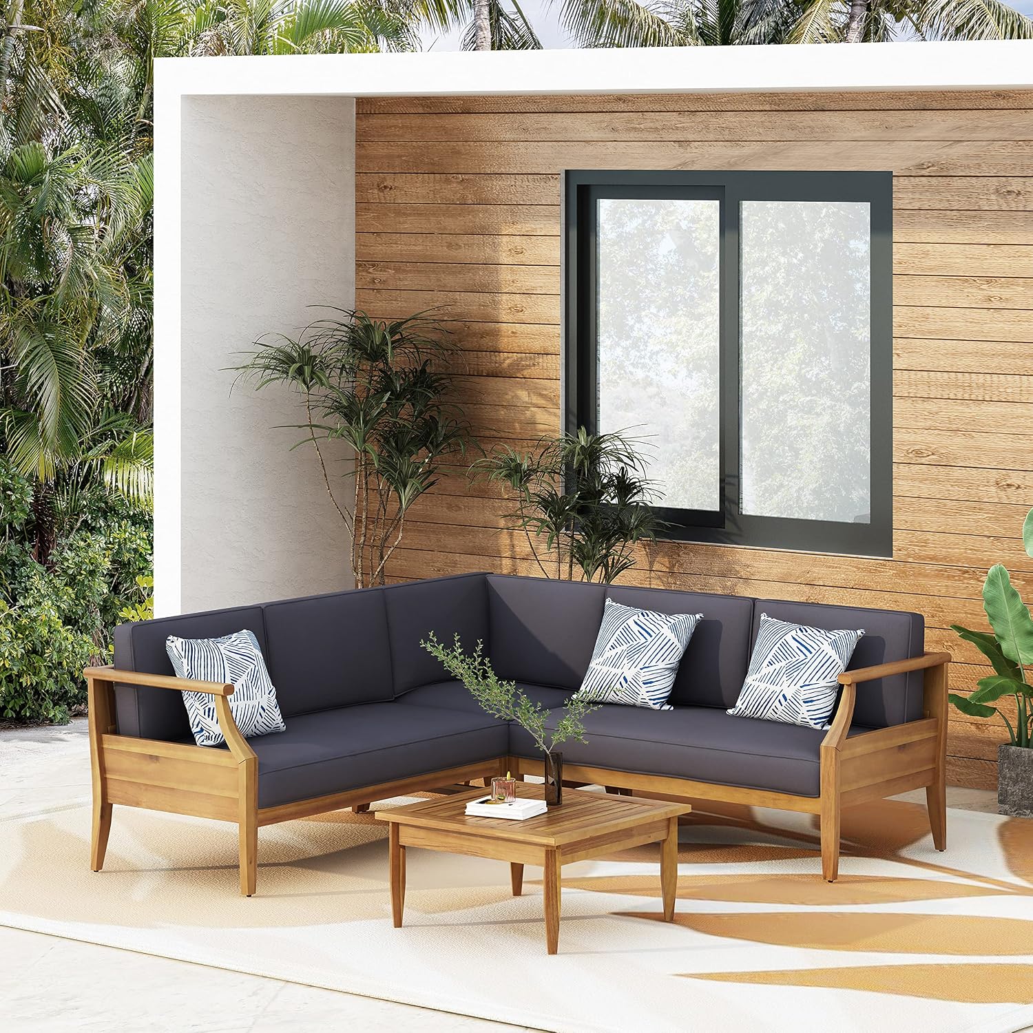 Aston Outdoor 5 Seater Sectional Chat Set with Cushions - Acacia Wood - Teak/Dark Gray