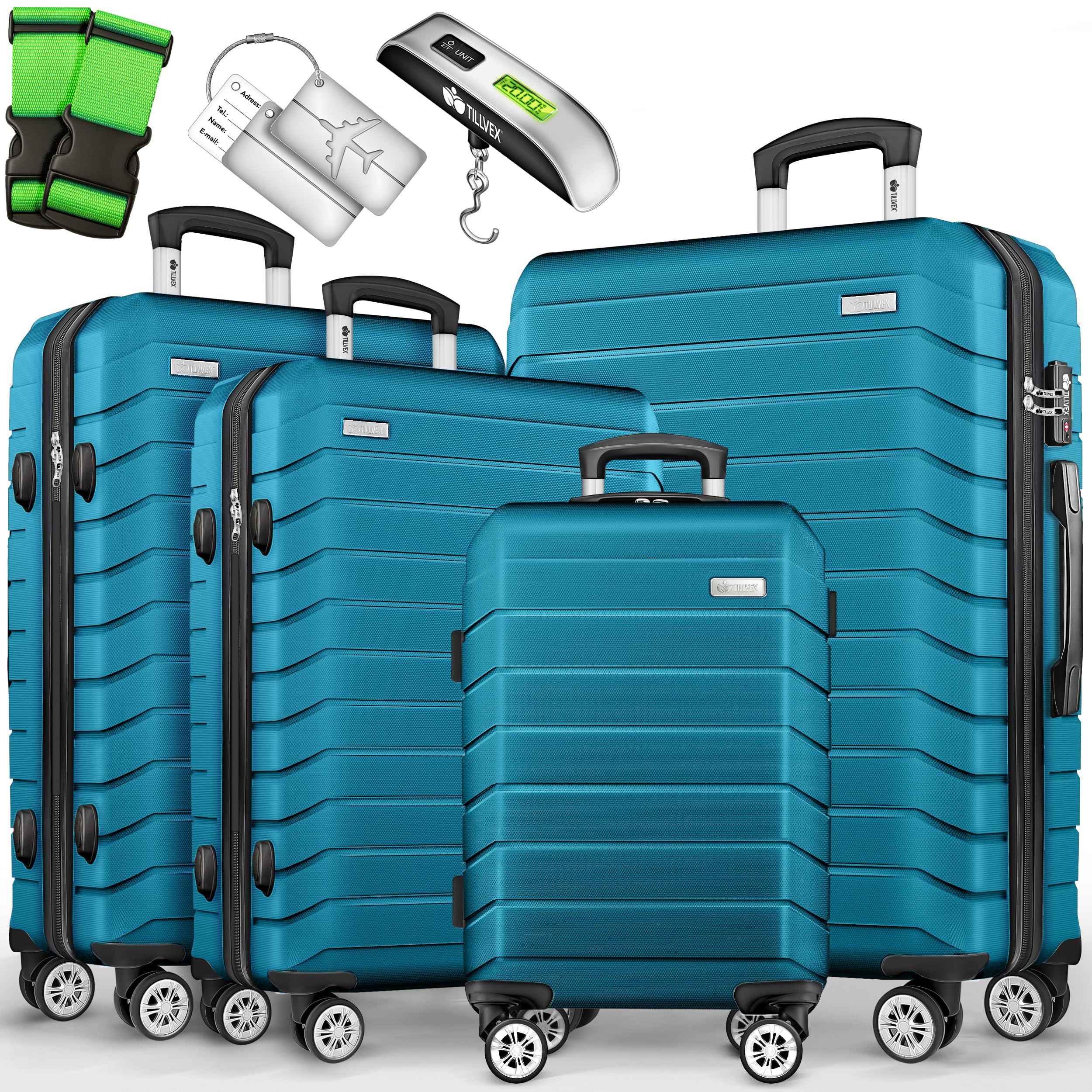 tillvex® Reisekoffer Set 4-teilig + Gepäckwaage, 8X Koffergurte & 4X Kofferanhänger | Kofferset 4 Rollen | Trolley Gepäck Koffer TSA Schloss | Hartschalenkofferset S-M-L-XL