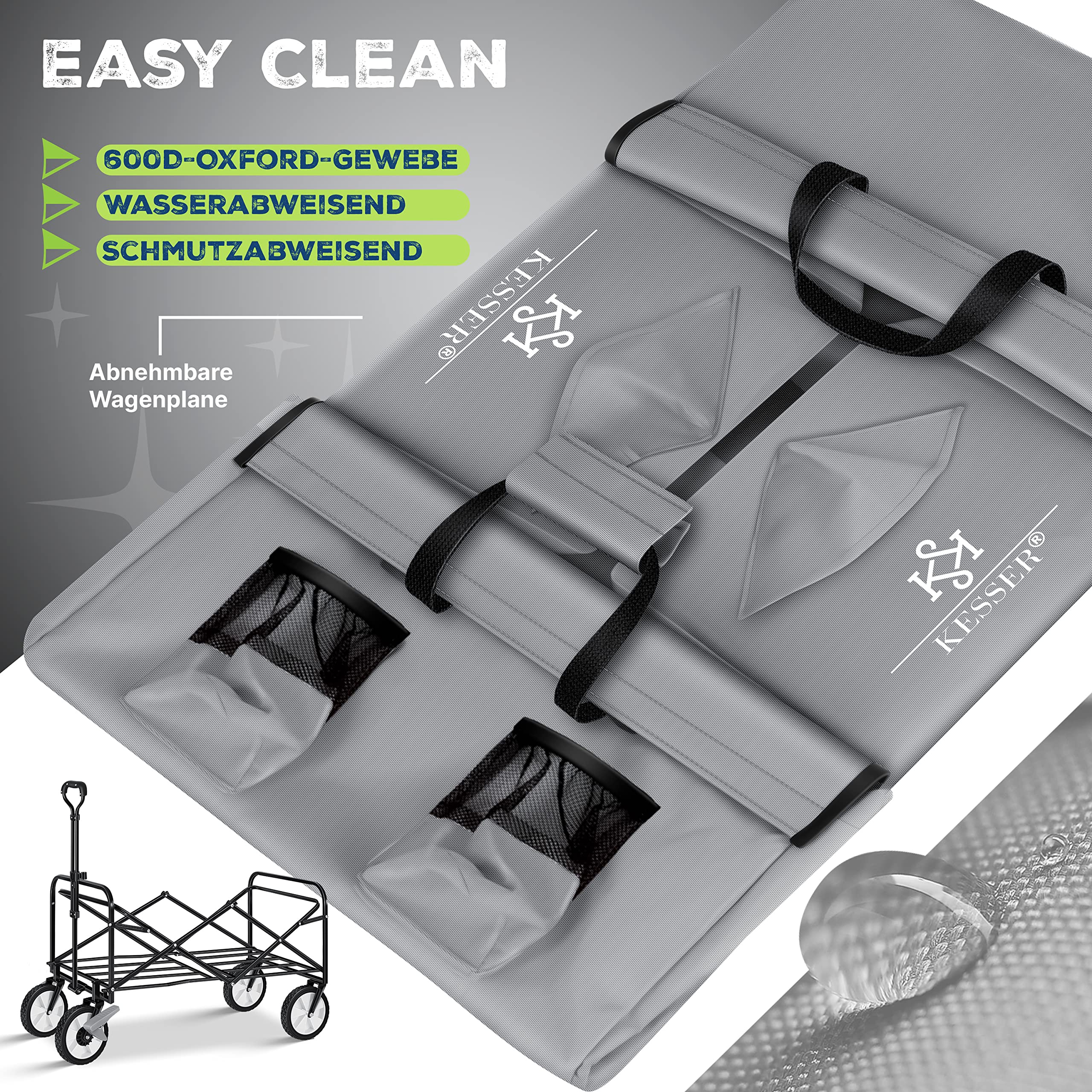 KESSER® Bollerwagen faltbar Handwagen Transportkarre max. 150kg Tragkraft & 360° PVC-Reifen Gerätewagen inkl. 2 Netztaschen, Seitentasche & Abdeckung Transportwagen Gartenanhänger ohne Dach, Grau