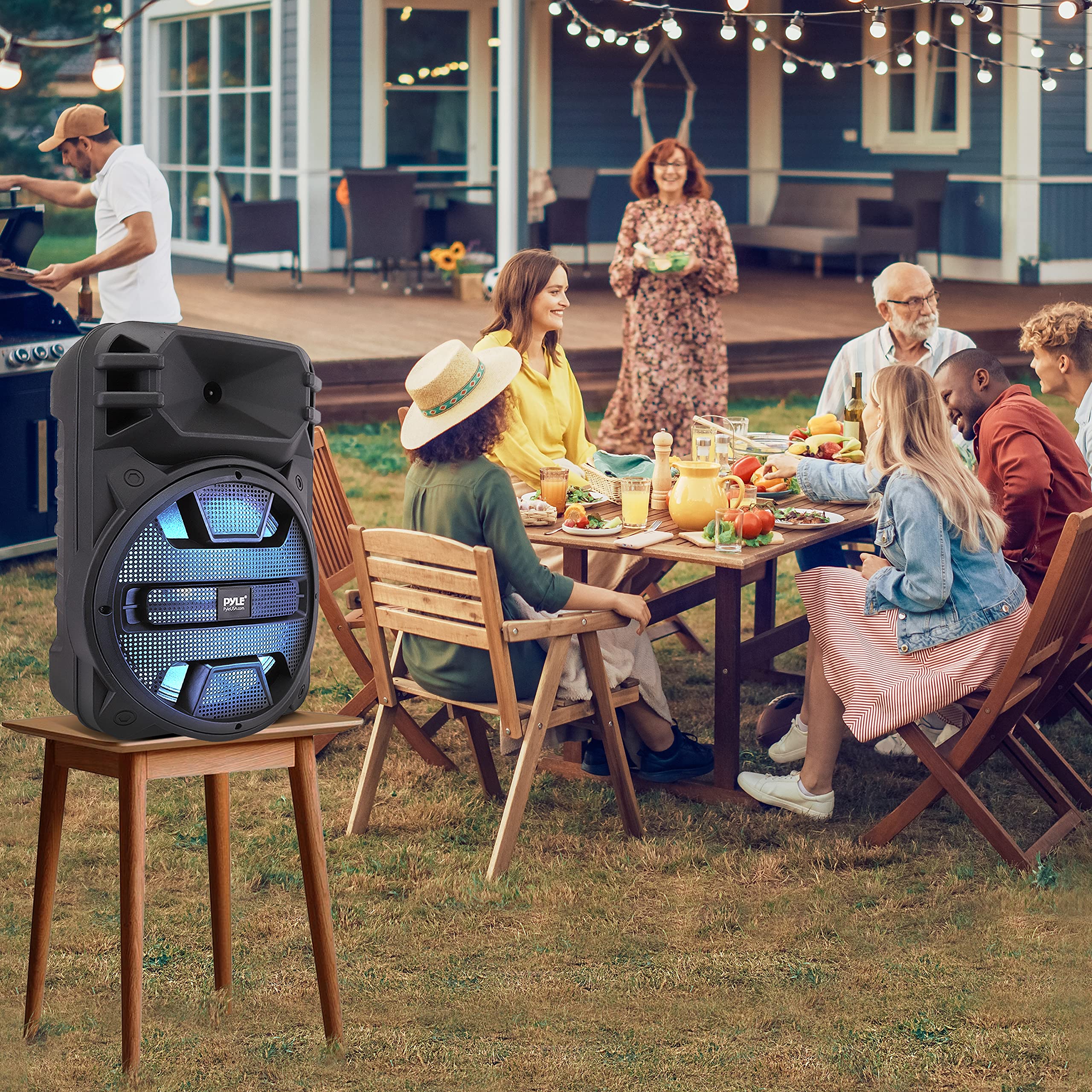 Pyle Portable Bluetooth PA Speaker System - 800W Outdoor Bluetooth Speaker Portable PA System w/Microphone In, Party Lights, USB SD Card Reader, FM Radio, Rolling Wheels - Remote Control