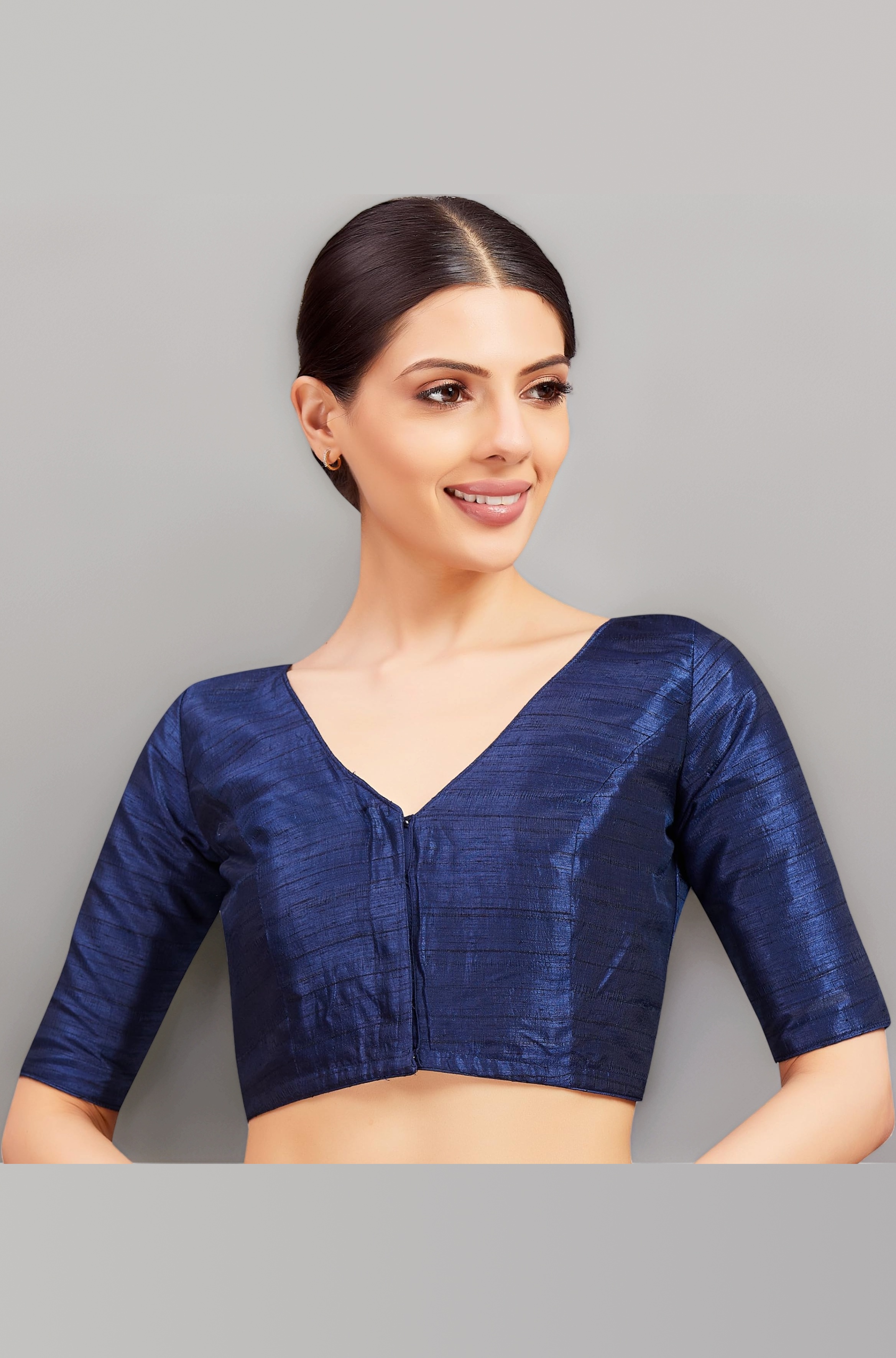 Studio Shringaar Women Readymade Raw Silk V Neck Saree Half Sleeve Blouse