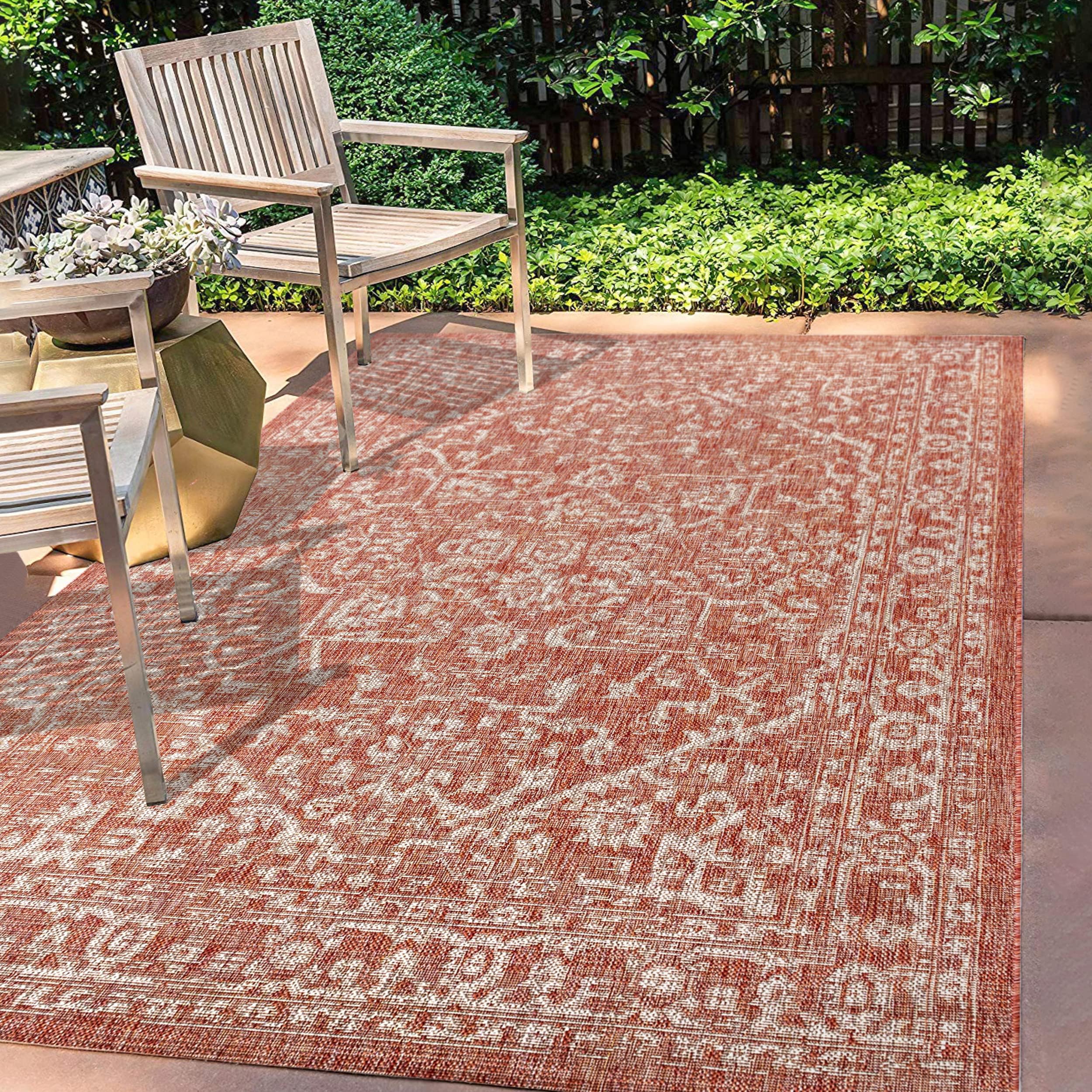 SMB104A-5 Malta Bohemian Medallion Textured Weave Indoor Outdoor Area Rug, Coastal, Traditional, Easy Cleaning, Bedroom, Kitchen, Backyard, Patio, Non Shed, Red/Taupe, 150 cm X 240 cm