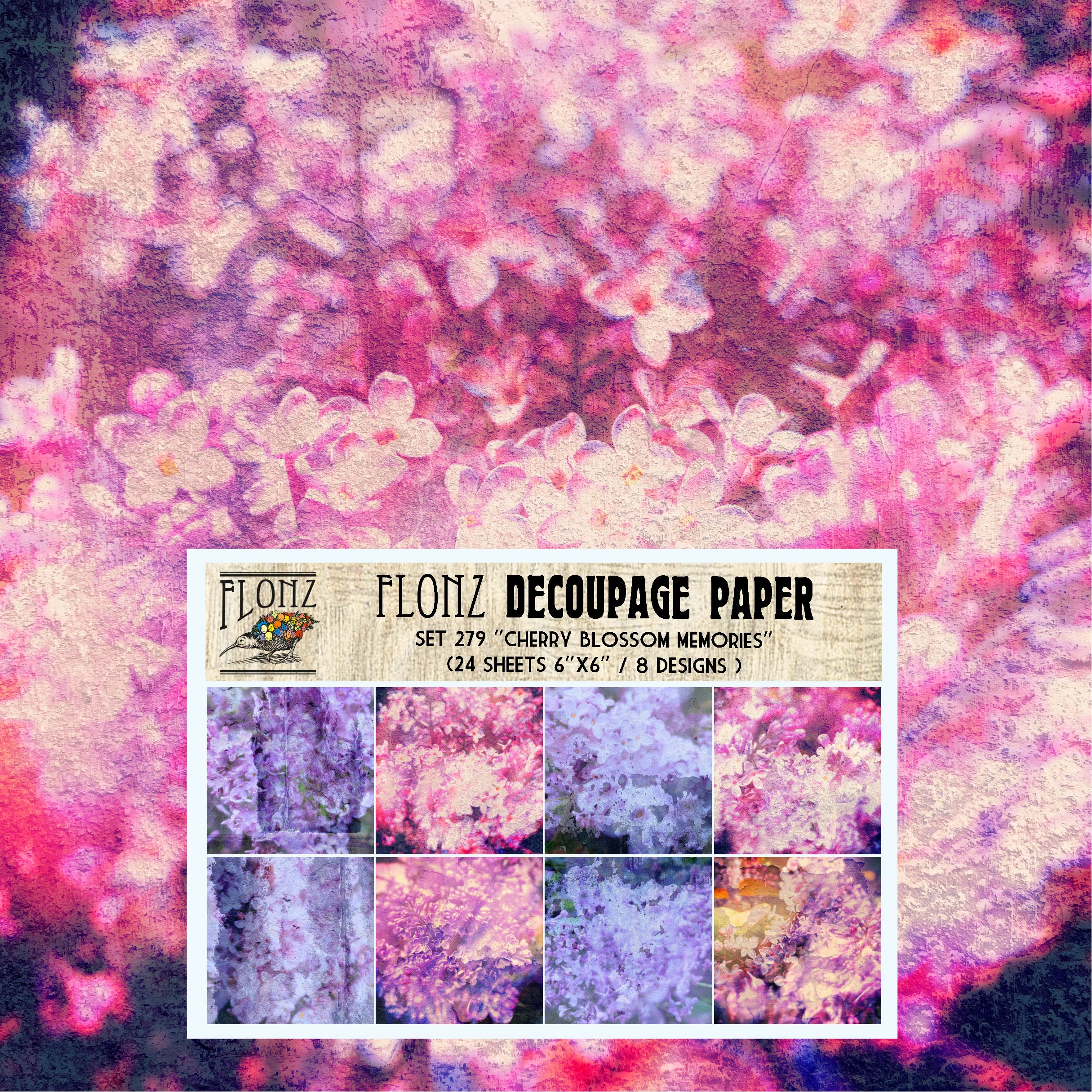 Flonz Decoupage Paper Pack (24 Sheets 6"x6") Chrry Blossom Memories # Vintage Styled Pattern Paper for Decoupage, Craft and Scrapbooking