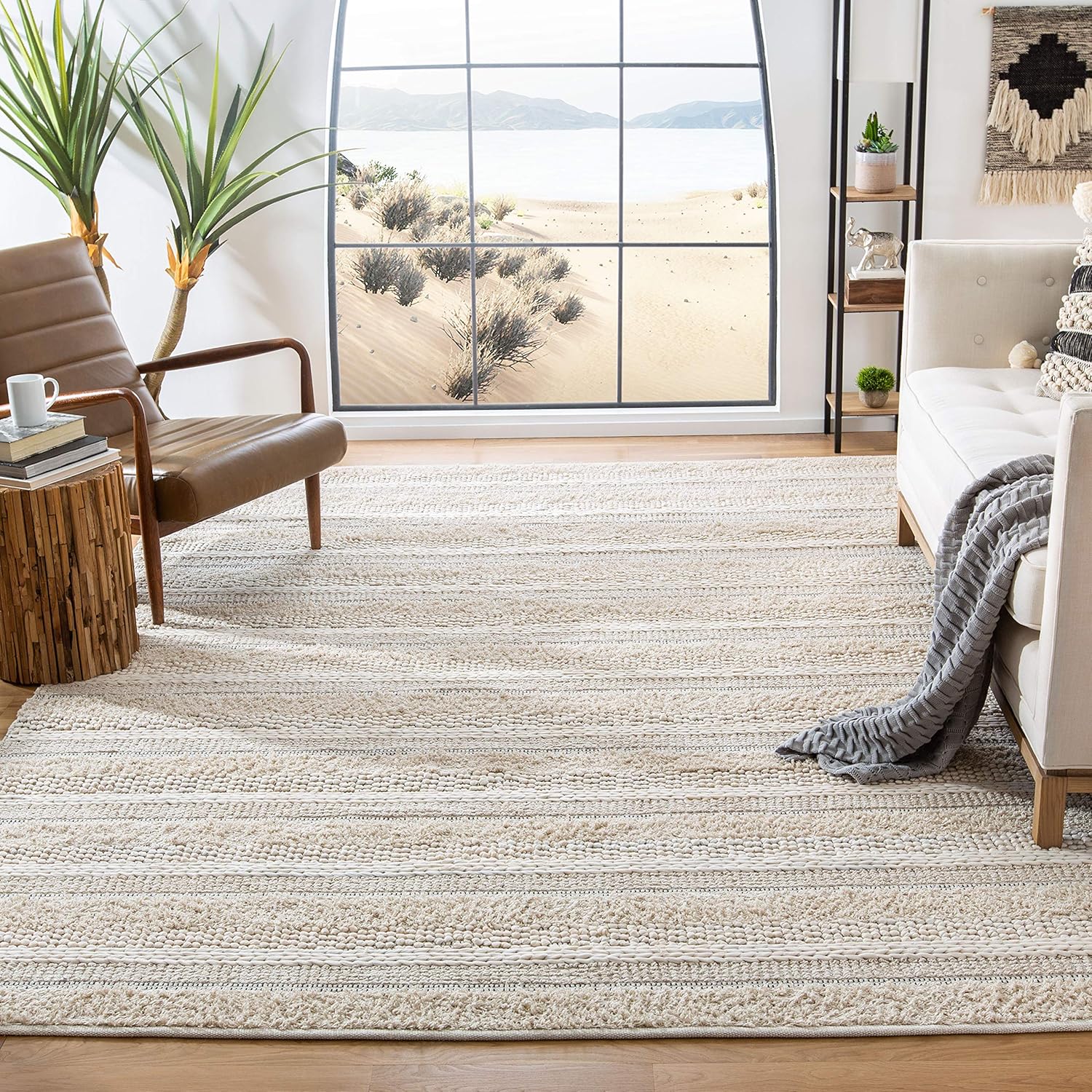 Ivory Striped 5' x 8' Handmade Wool and Cotton Area Rug