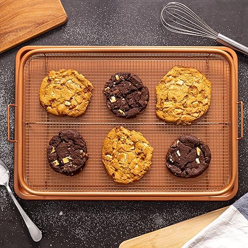 Miniatura 9 de Nuovva - Bandeja antiadherente de cobre para horno con cesta de parrilla de malla elevada, juego de 2 piezas de 9 x 13 pulgadas