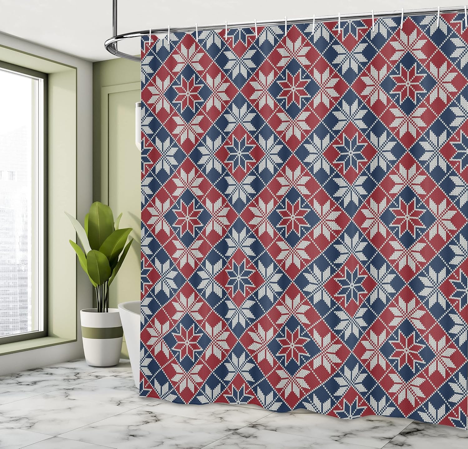 Ambesonne Nordic Shower Curtain, Wool Knit Pattern with Tartan Geometric Stripes Flower Print, Cloth Fabric Bathroom Decor Set with Hooks, 69" W x 70" L, Ruby Dark Blue Coconut