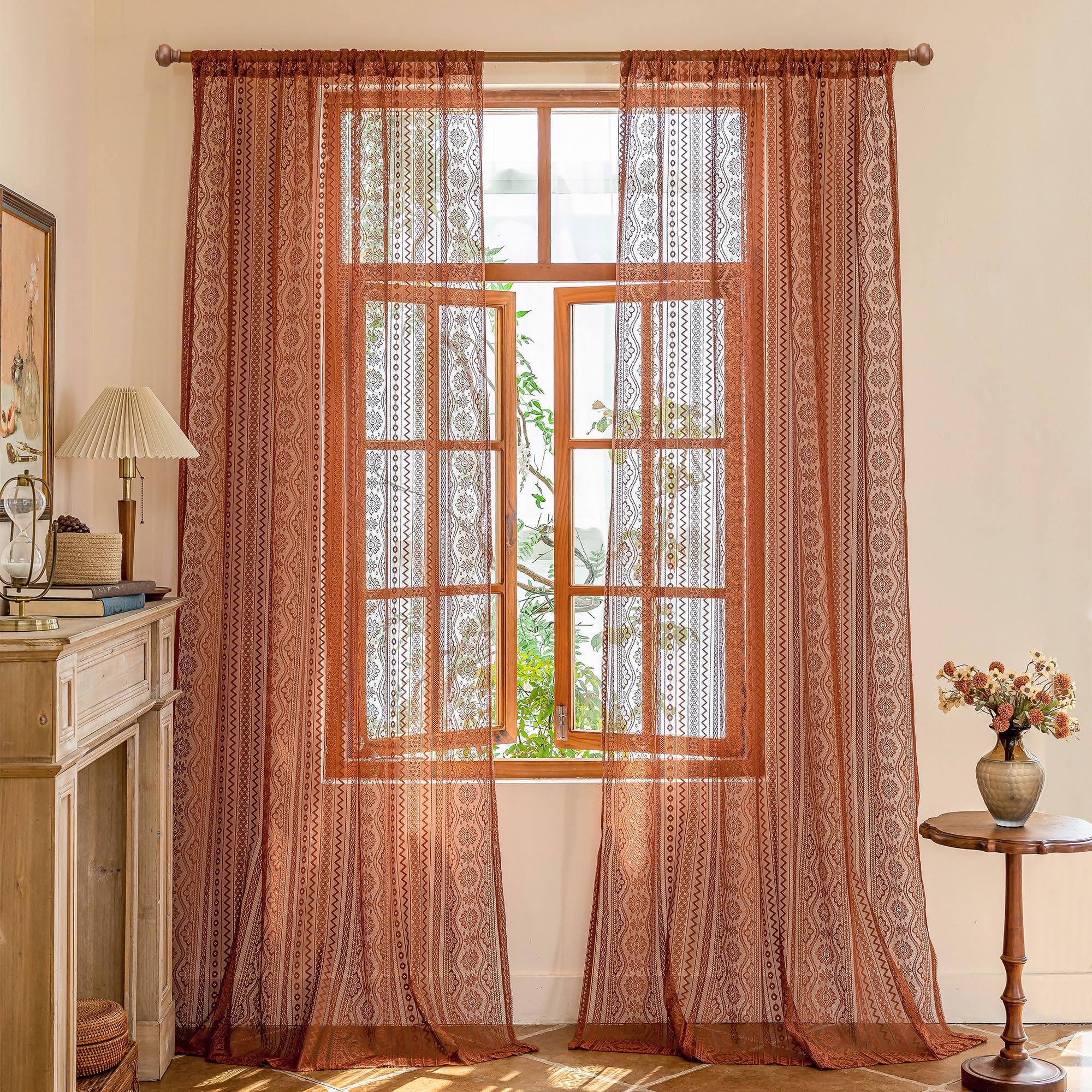 MYSKY HOME Vorhang Spitze Blumen Bestickte Vintage Gardinen — Vorhänge Transparent für Wohnzimmer Schlafzimmer Stabtasche 2er Set, Ziegelrot, H 245 x B 140 cm.