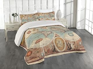 Lunarable Vintage Coverlet Set Queen Size, Old Detailed World Map Geography Theme Historic Grunge Illustration, 3 Piece Decorative Quilted Bedspread Set with 2 Pillow Shams, Blue Redwood