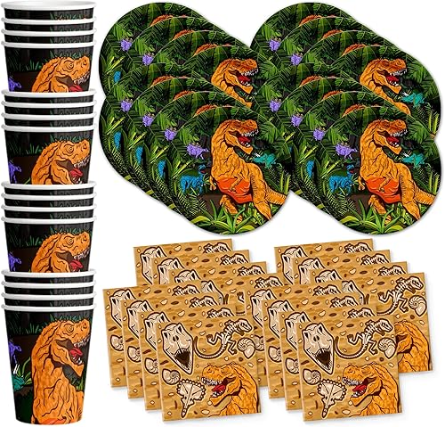 Juego para fiesta de cumpleaños de dinosaurio T-rex rugiendo, equipo de abundantes suministros platos, servilletas, vasos de Vajilla para 16 de