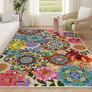 Boho Floral Rug for Living Room 5'x7', Non-Slip Machine Washable Farmhou...
