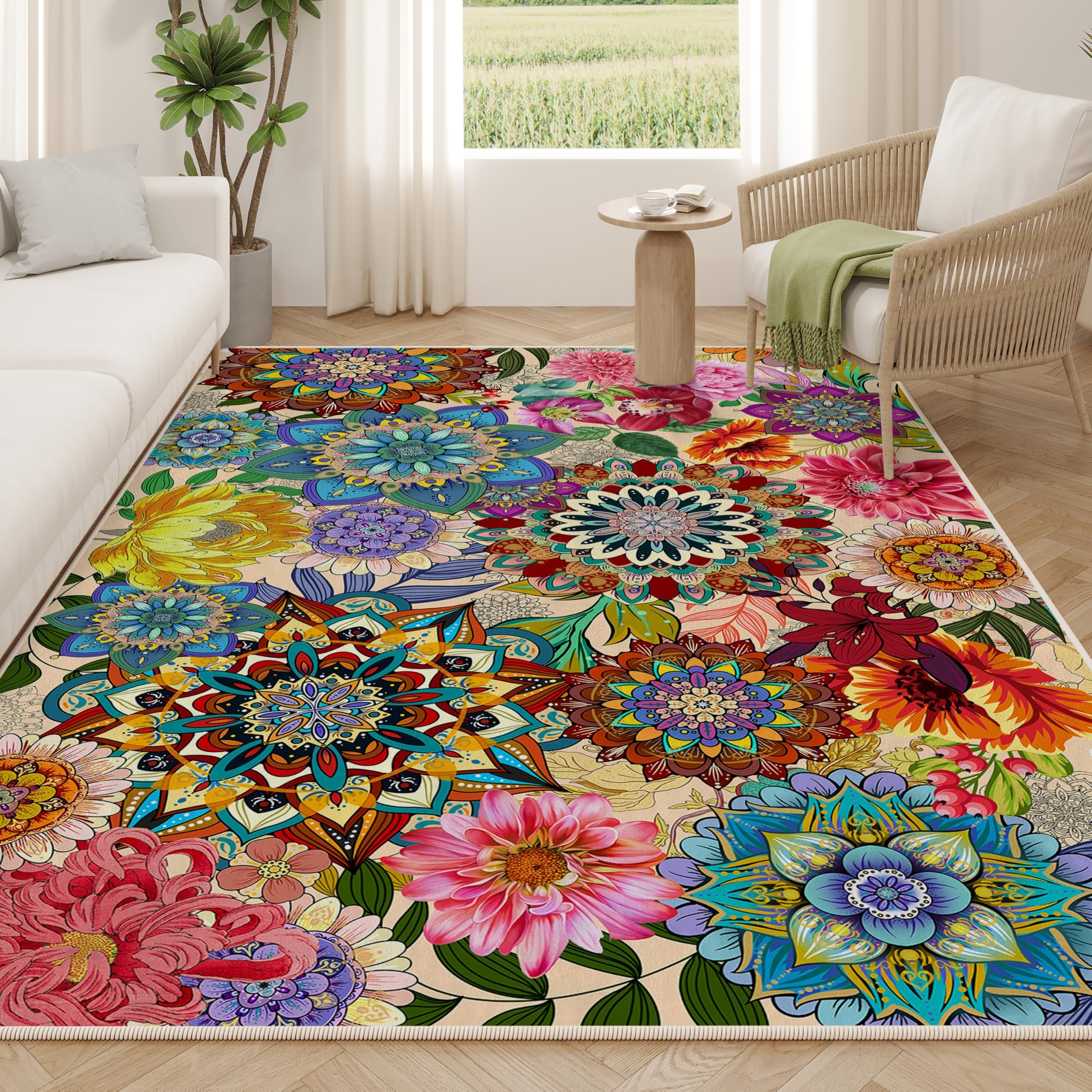 Boho Floral Rug for Living Room 5'x7', Non-Slip Machine Washable Farmhouse Floor Carpet Colorful Flowers Area Rugs for Bedroom Dining Room Boho Home Decor Aesthentic