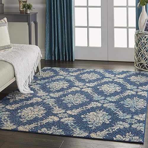 Miniatura 7 de Nourison Tranquil Damask NavyLight Blue - Alfombra de 6 x 9 pies, fácil de limpiar, no se desprende, para dormitorio, sala de estar, comedor, cocina