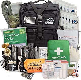Sirius: Bug Out Bag Starter Kit - 72 Hour Kit for 1 Person – Backpack Survival Kit – 50L Tactical Backpack, US Made Food & Water, Medical Supplies & Survival Tools