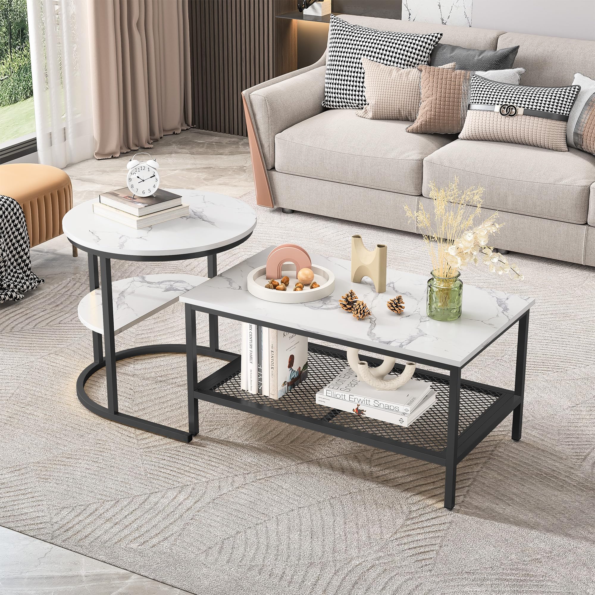 Set van 2 salontafels - Marmerlook - Met metalen frame en plank - Moderne salontafel voor woonkamer en slaapkamer