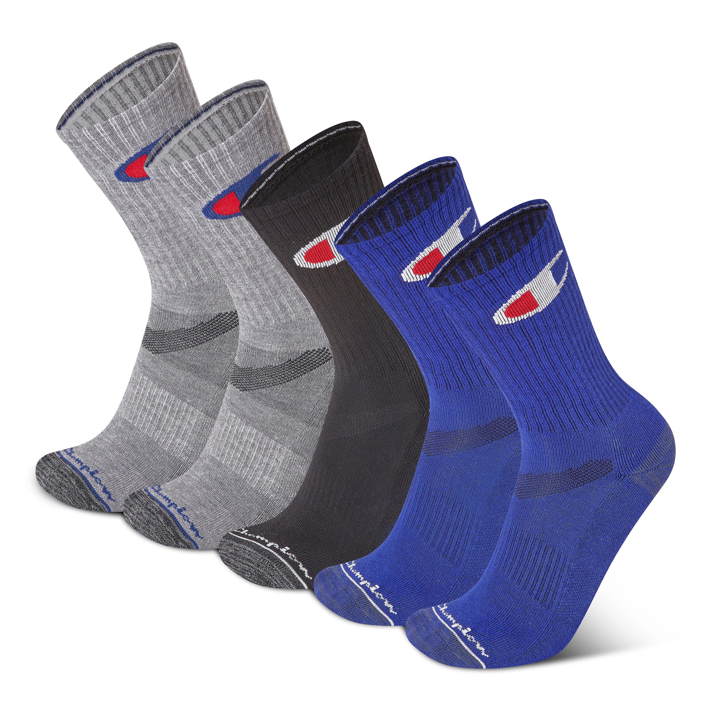 Champion Men's Cushioned Crew Socks 5-Pack - Moisture-Wicking Athletic Crew Socks with Arch Support (Sizes 6-12)