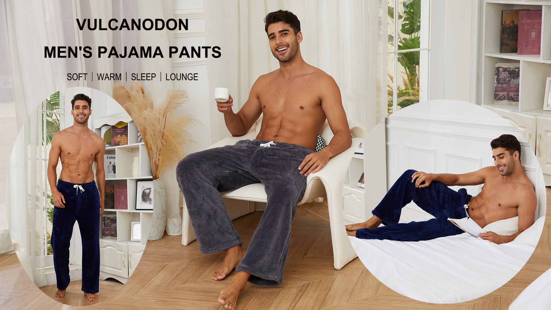 Vulcanodon 2 Pack Mens Plush Warm Pajama Pants, Fluffy Soft Fleece