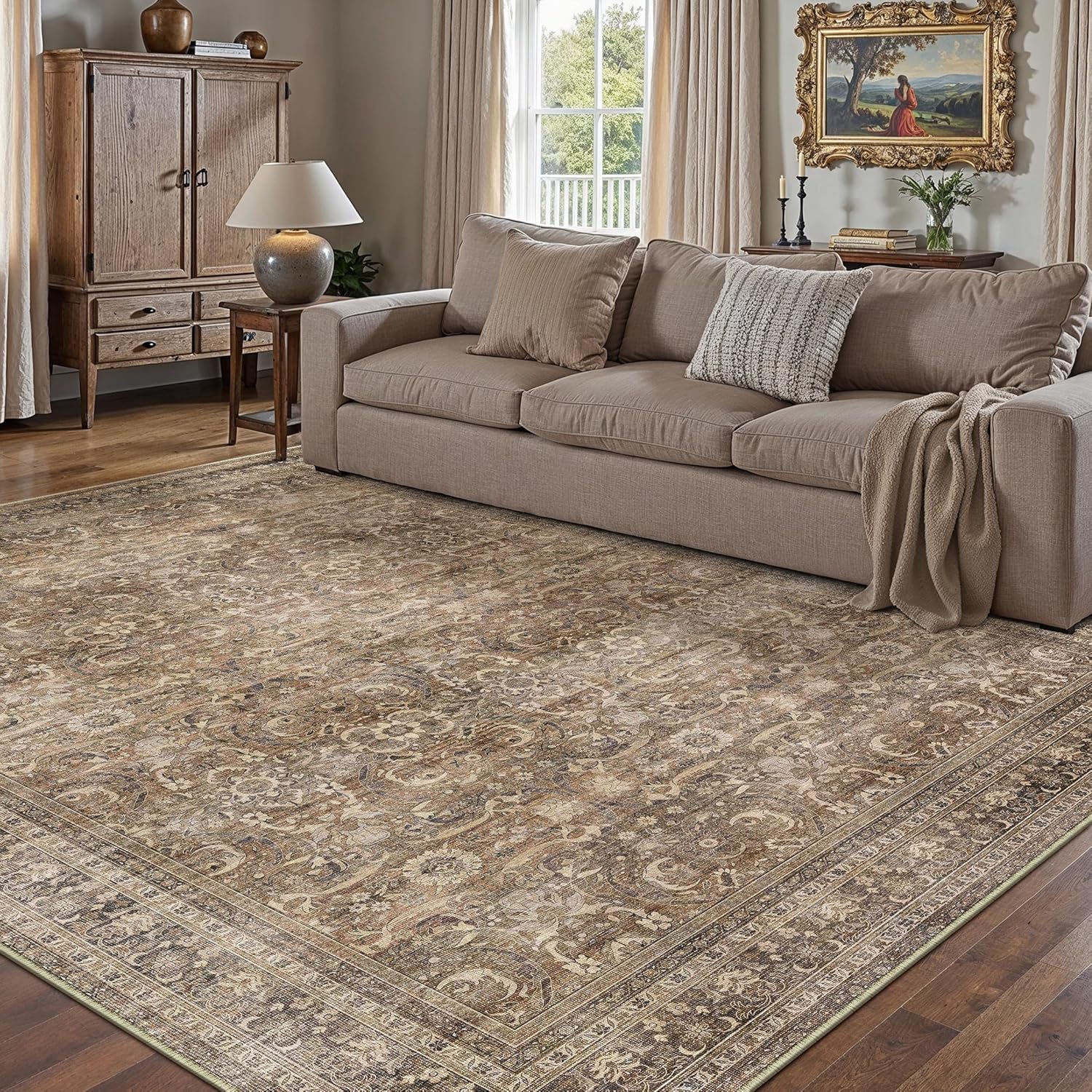 HUGEAR Area Rug 5x7 Vintage Brown Machine Washable Living Room Rugs Distressed Retro Floral Vacuumable Low Pile Carpet Bedroom Office Dining Room Laundry Room Non Slip Soft Lightweight
