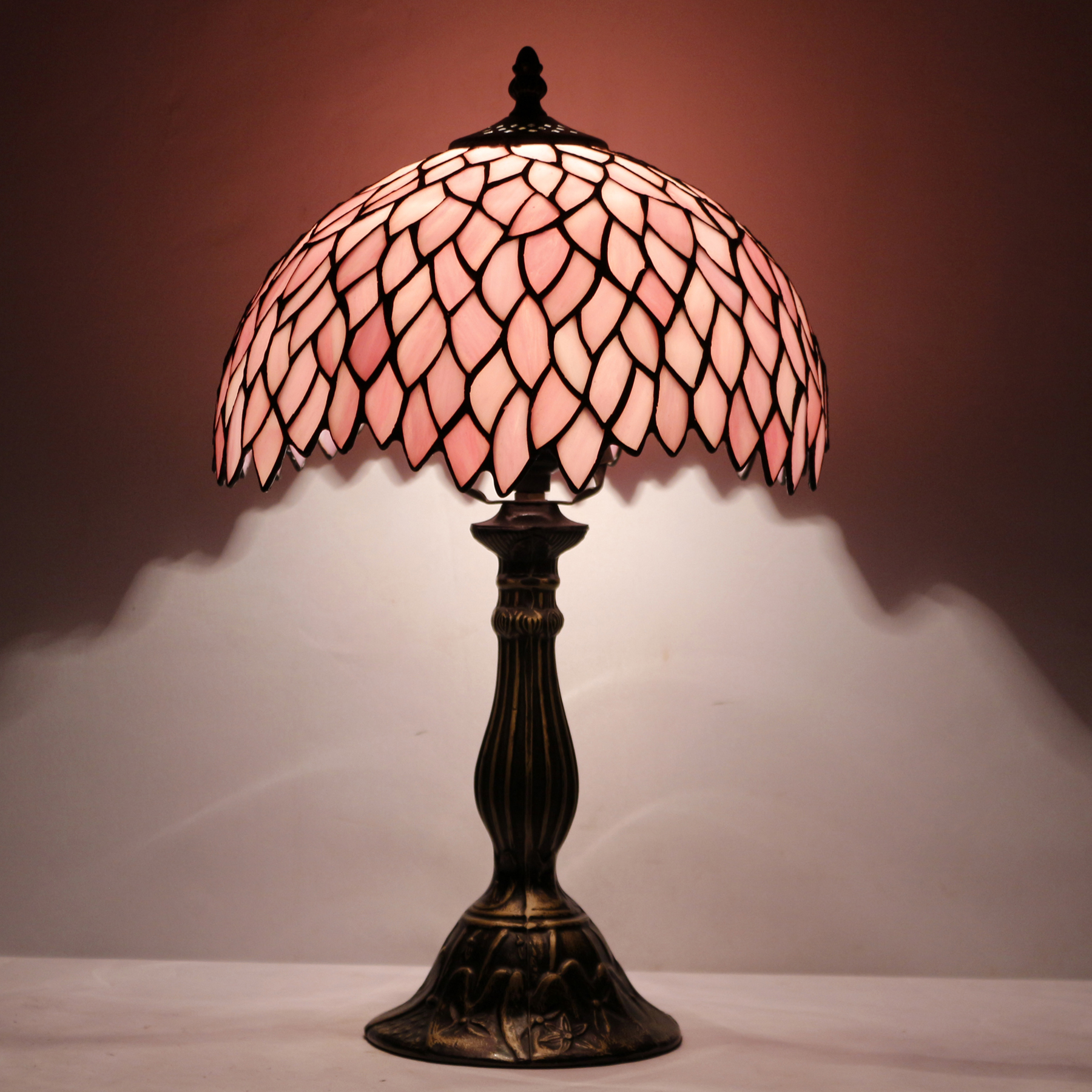 Image of WERFACTORY Tiffany Table Lamp Pink Wisteria Style Stained Glass Desk Light