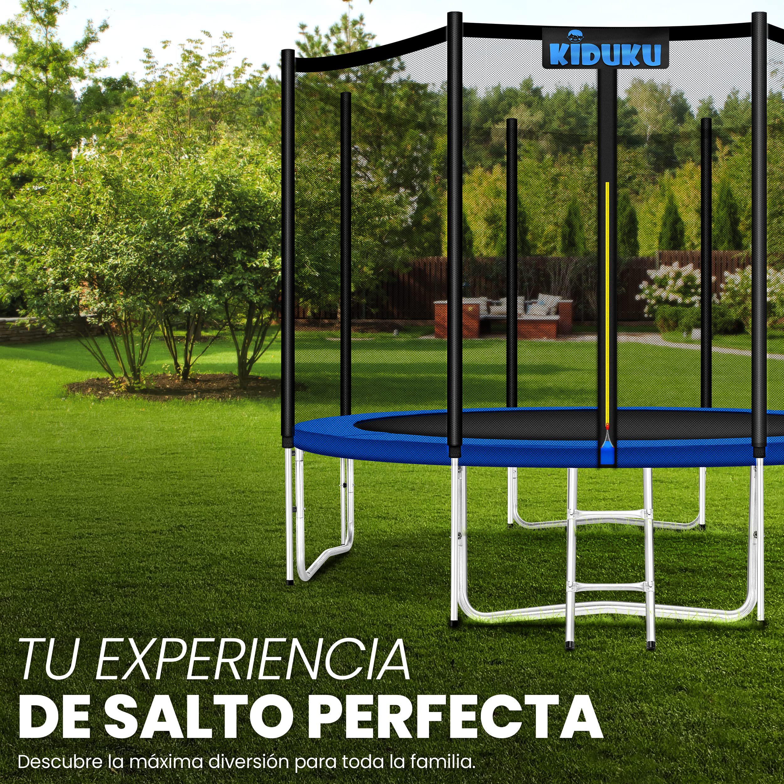 KIDUKU® Trampolín Ø 244/305 cm - Juego Completo con Red de Seguridad, Escalera, Cubierta de Bordes, Anclaje de Suelo y Accesorios para Exterior jardín Cama elástica Infantil Capacidad de Carga 150 kg