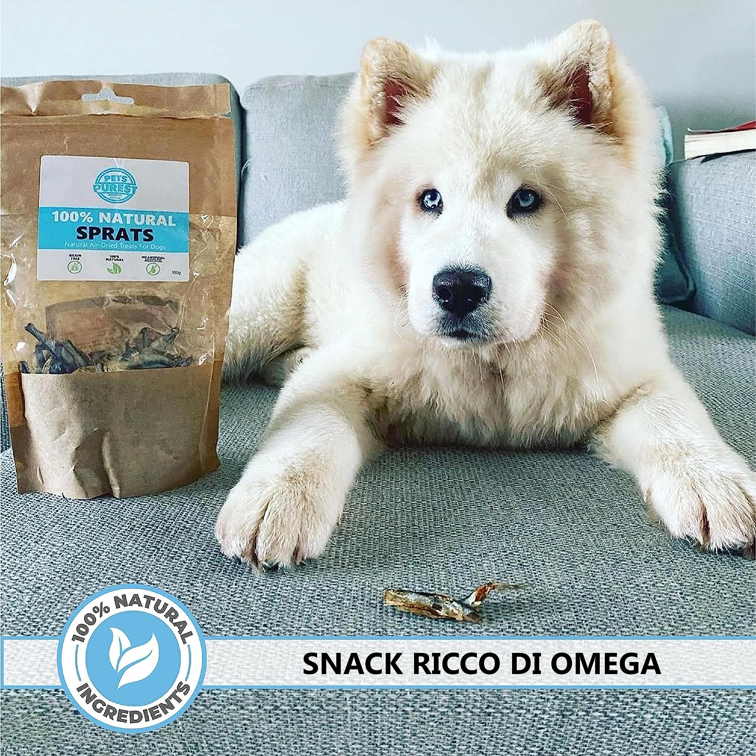 Pets Purest Snack di spratti per cani e gatti - Snack di pesce essiccato 100% naturale per cani e gatti, cuccioli e anziani - Cibo crudo ipoallergenico per animali senza glutine, cereali e lattosio