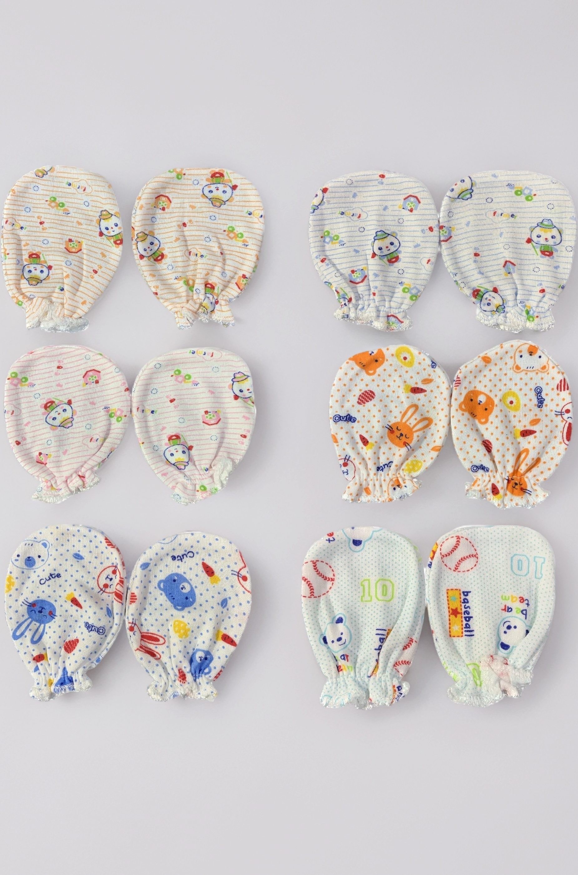 Hozzbun 100% Soft Cotton Baby Hand Mittens Anti-Scratch Gloves Elastic Wrist Band for Newborn 0-6 Months for Boys & Girls Essentials|Breathable skin Friendly |Pack of 6, (Color And Design May Vary)