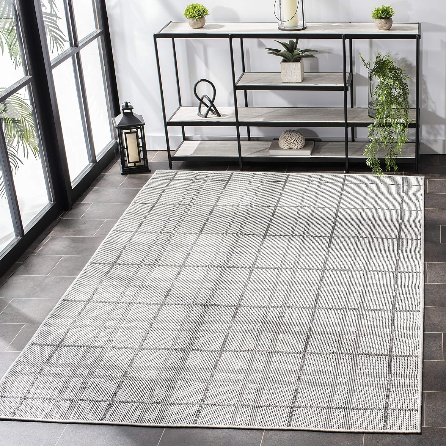 SAFAVIEH Washable Rug Outdoor Bermuda Collection - 2' x 8' Runner, Ivory & Grey, Non-Shedding & Easy to Clean, Ideal for Patio, Backyard, Mudroom (BMU803B)