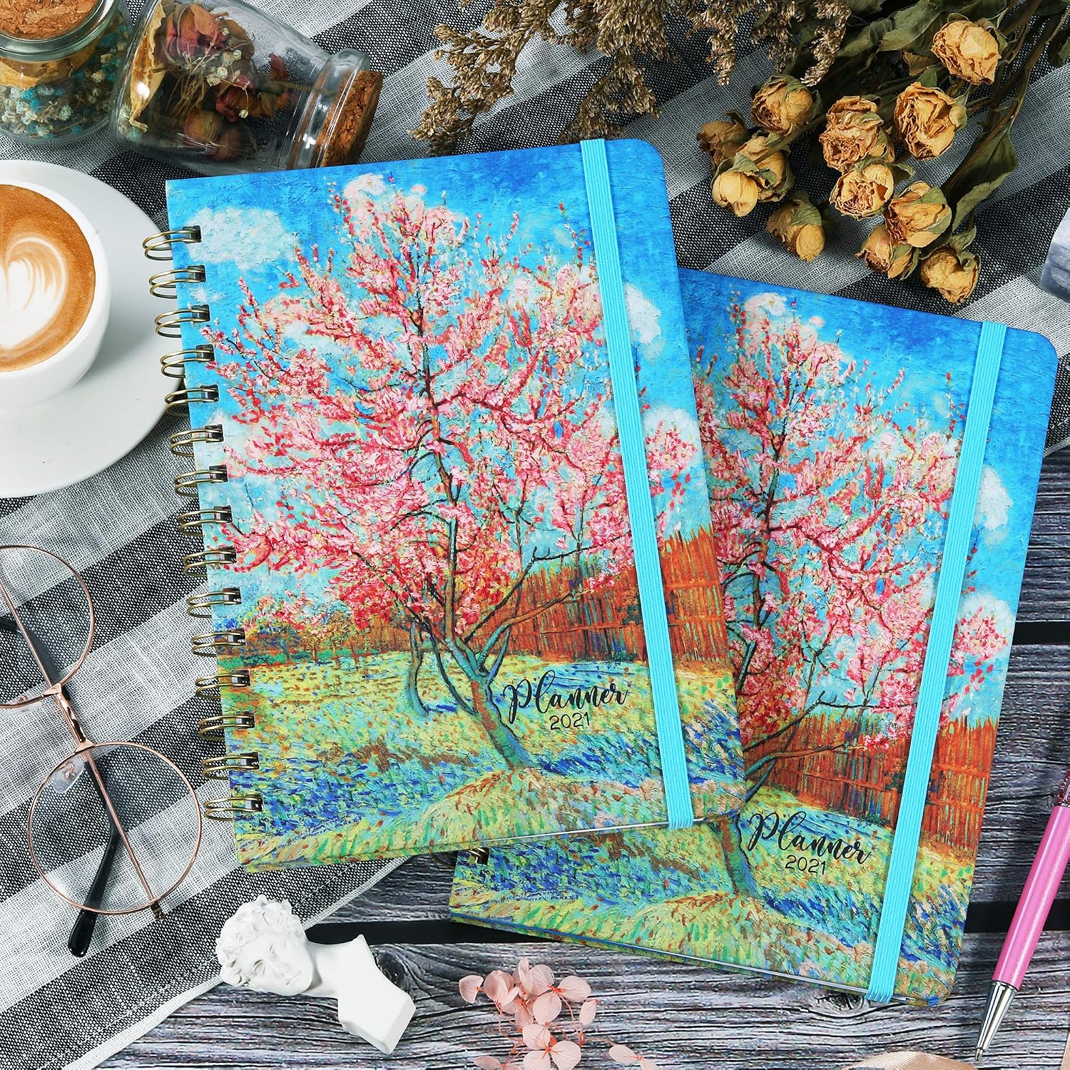 2021 Planner - Weekly & Monthly Planner with Tabs, 6.3" x 8.4", Hardcover with Thick Paper + Back Pocket + Banded, Twin-Wire Binding - Peach Tree