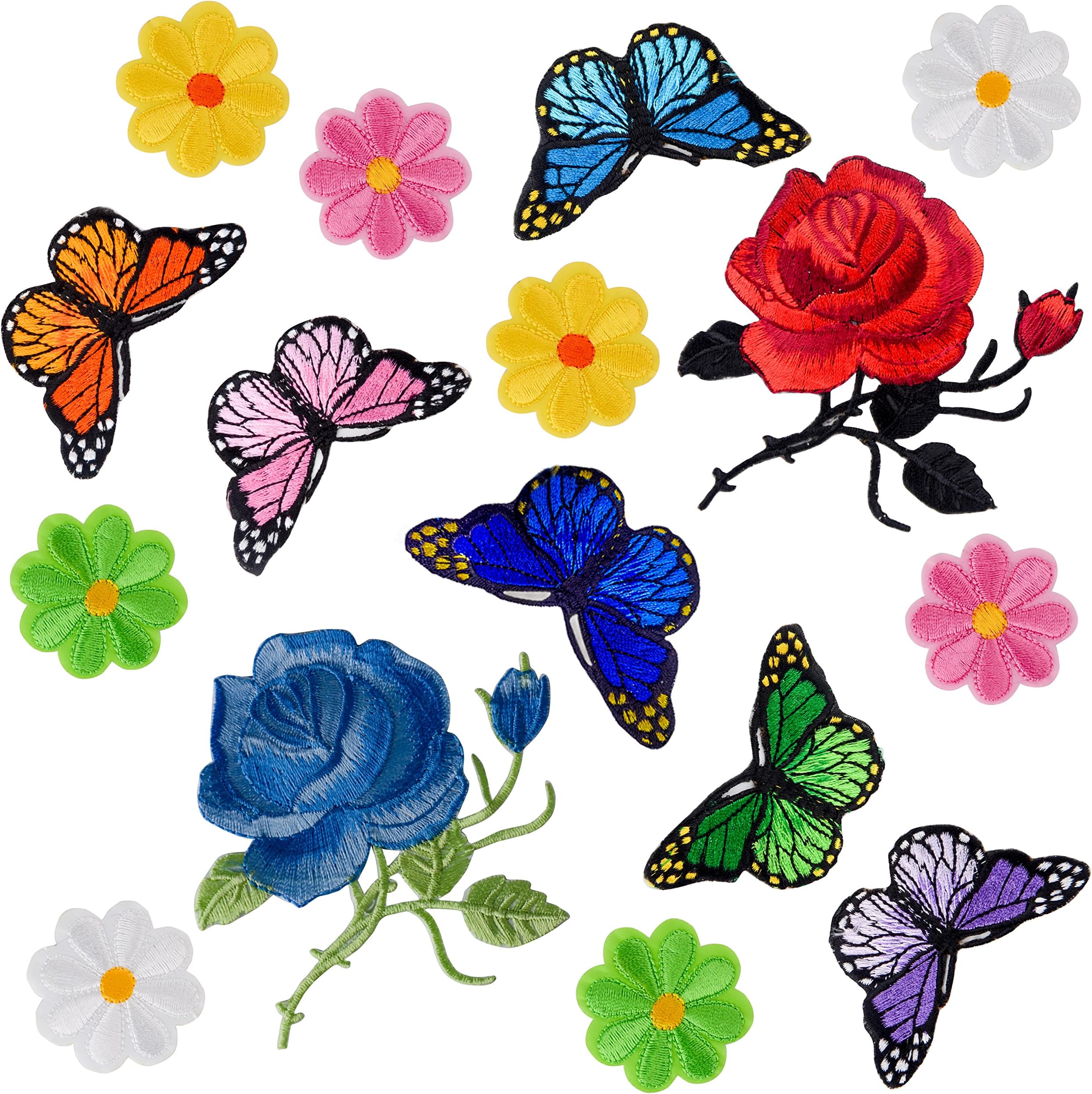 Coopay 16 Pieces Flowers Butterfly Sunflowers Iron on/Sew on Patches Rose Emb...
