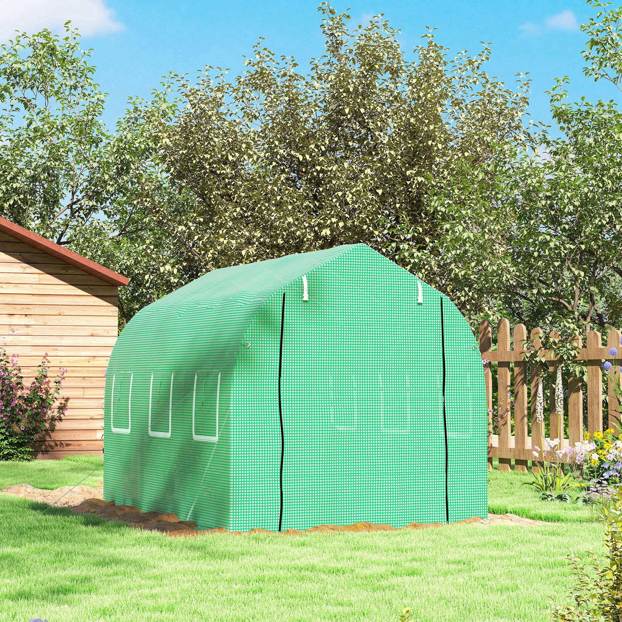 Outsunny Invernadero de Exterior 3x2x2 m Invernadero de Túnel con 6 Ventanas de Malla Puerta Enrollable Cubierta de PE 140g/㎡ Anti-UV Marco de Metal Galvanizado para Patio Jardín Verde