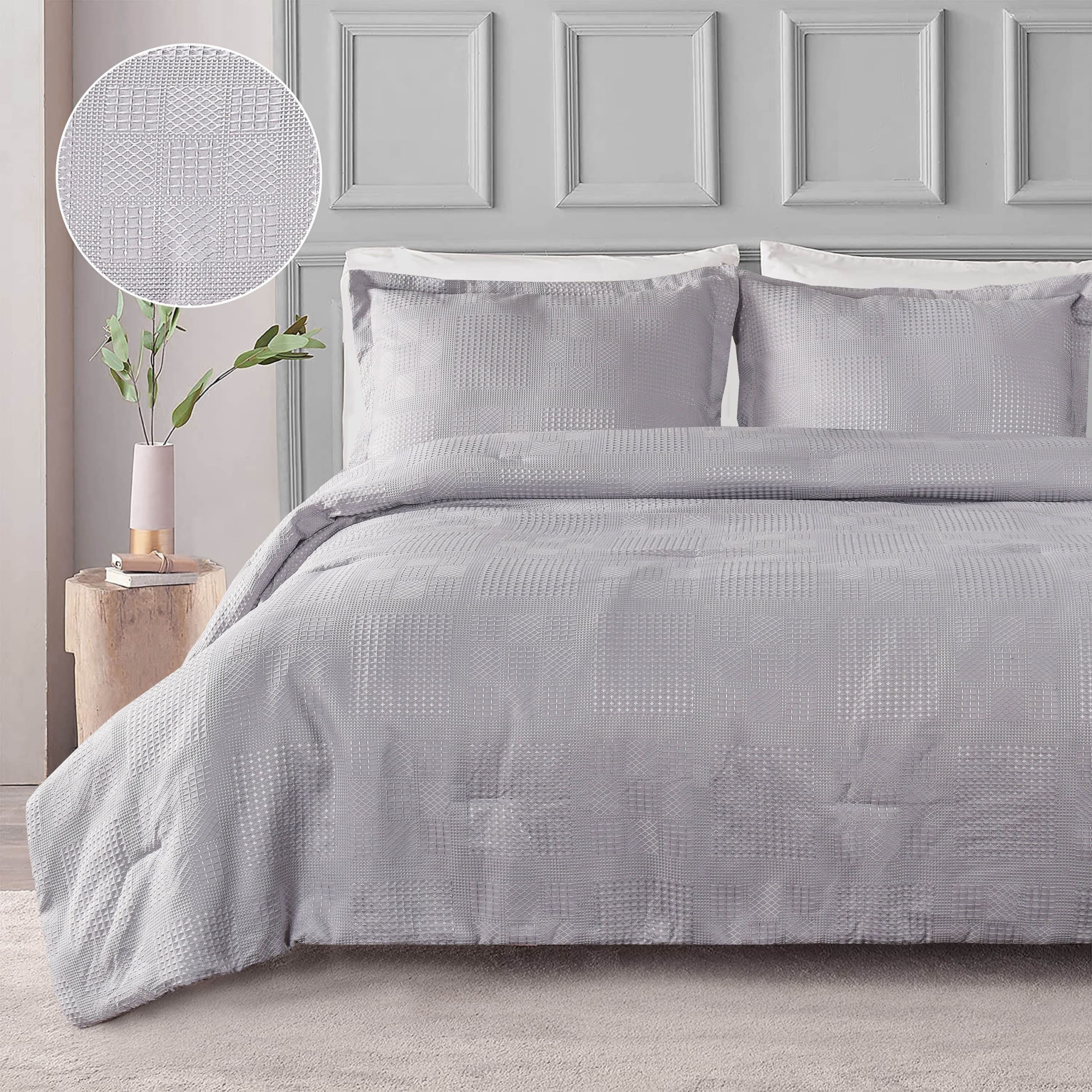 HIG3 Pieces Textured Waffle Weave Comforter Set with Geometric Jacquard Pattern, Modern Nordic Style Bedding Set for Bedroom, Lightweight Breathable Comforter with 2 Shams, King, Grey (BORYA)