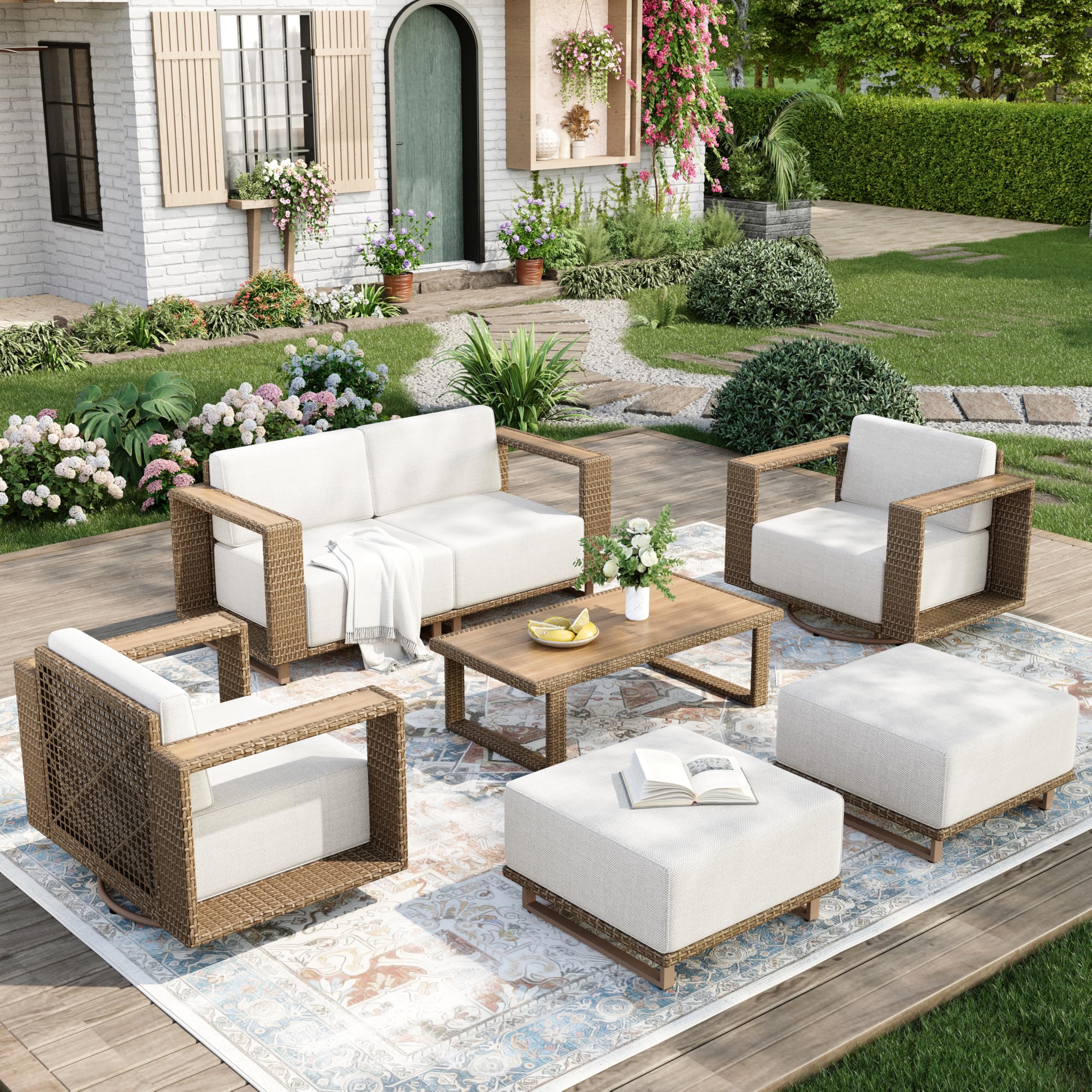 MIXPATIO Patio Furniture Set with Swivel Chairs &amp;10" Thick Cushion,Beige