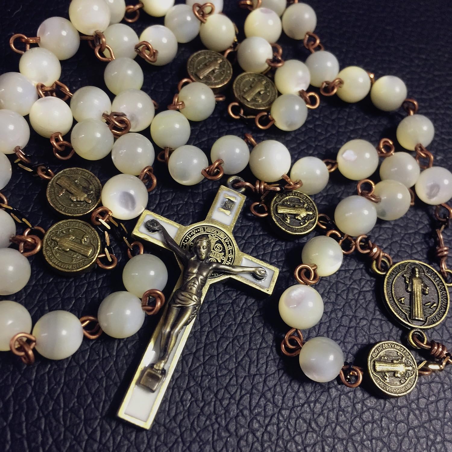 elegantmedical HANDMADE NICE Moonlight Mother of Pearl Beads St. Benedict Rosary necklace bronze Cross gift box Gift - Image 5