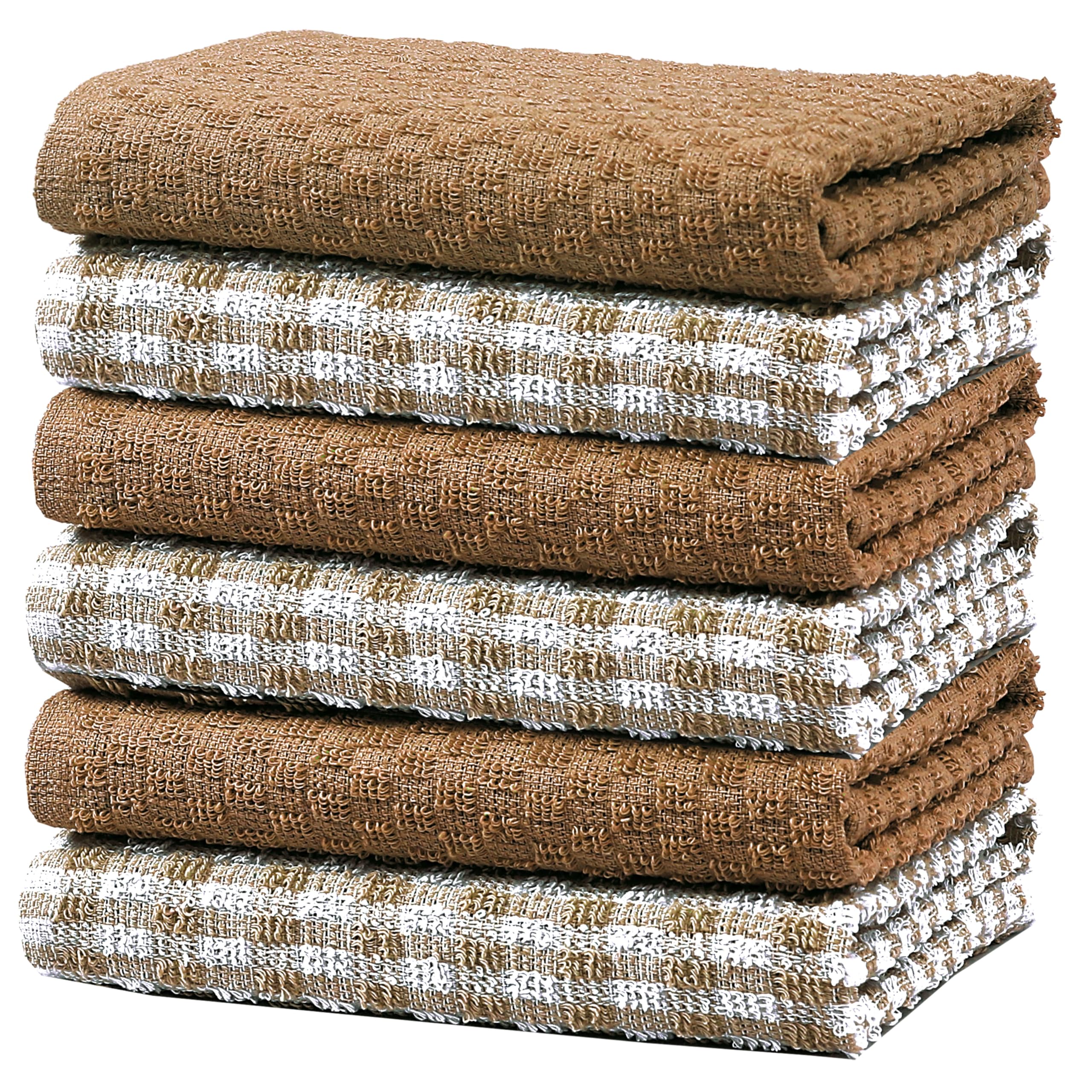 Olivia Rocco 100% Cotton Ascot Check Terry Tea Towels for Kitchen Pack of 6 Super Absorbent Dish Cloth Towel for Drying & Cleaning Household Essentials, Natural- 6 PK