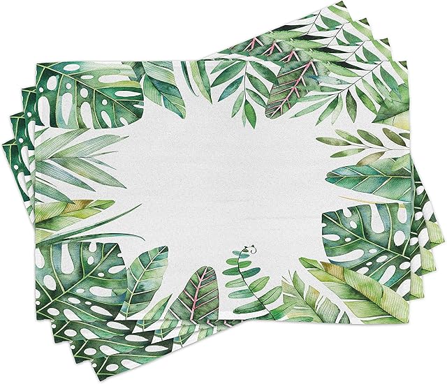 ABAKUHAUS Plant Place Mats Set of 4, Jungle Themed Picture, Washable Fabric Placemats for Dining Room Kitchen Table Decor, Fern Green