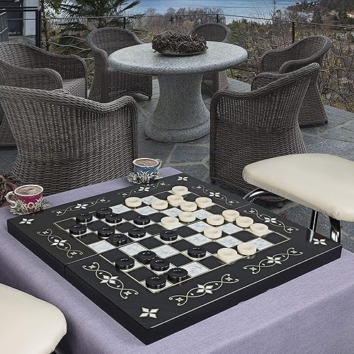 Miniatura 4 de LaModaHome Star - Juego de backgammon turco antiguo, diseño de verbena de poliéster de madera de vinilo élite, juego de mesa Tavla, madre perla,