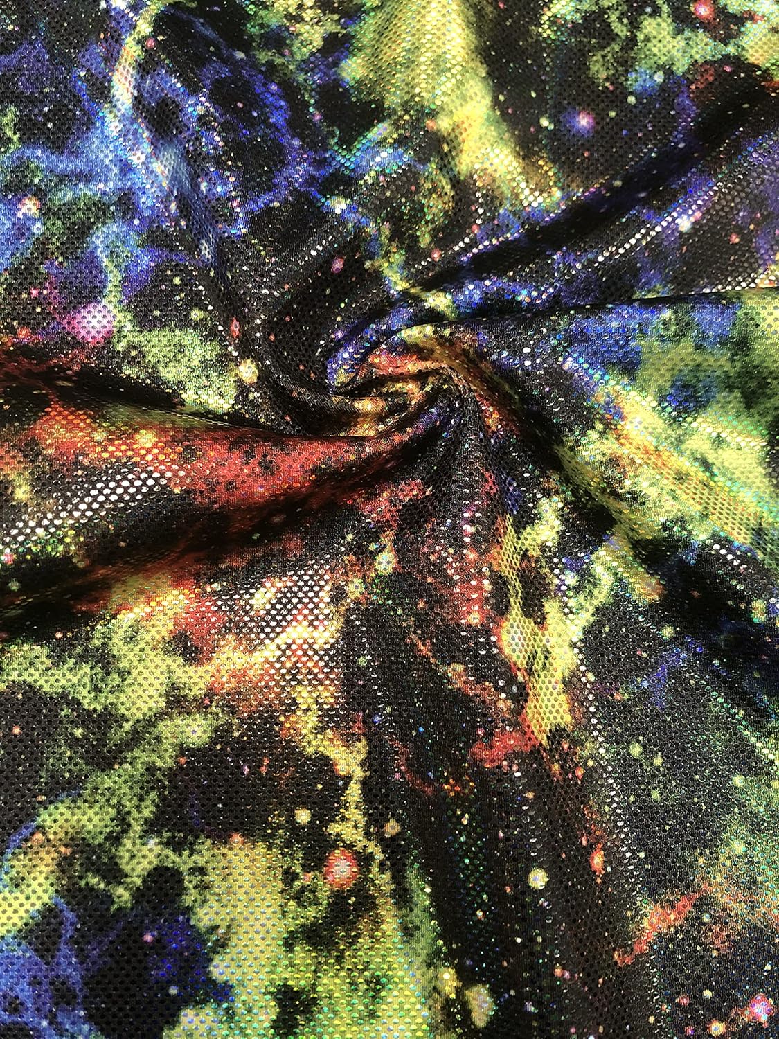 New!! Colorful Space Galaxy on Nylon Spandex 4 Way Stretch w/ 1 mm Shiny Trans Fabric (Green)