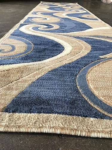 Miniatura 2 de Americana Alfombra moderna de pasillo largo, color azul, beige, diseño de remolinos goldish 144 (32 pulgadas x 10 pies)