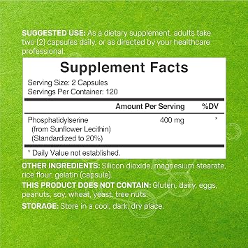 Phosphatidylserine Supplement, 400mg Serving, 240 Capsules Soy Free Sunflower Lecithin Source