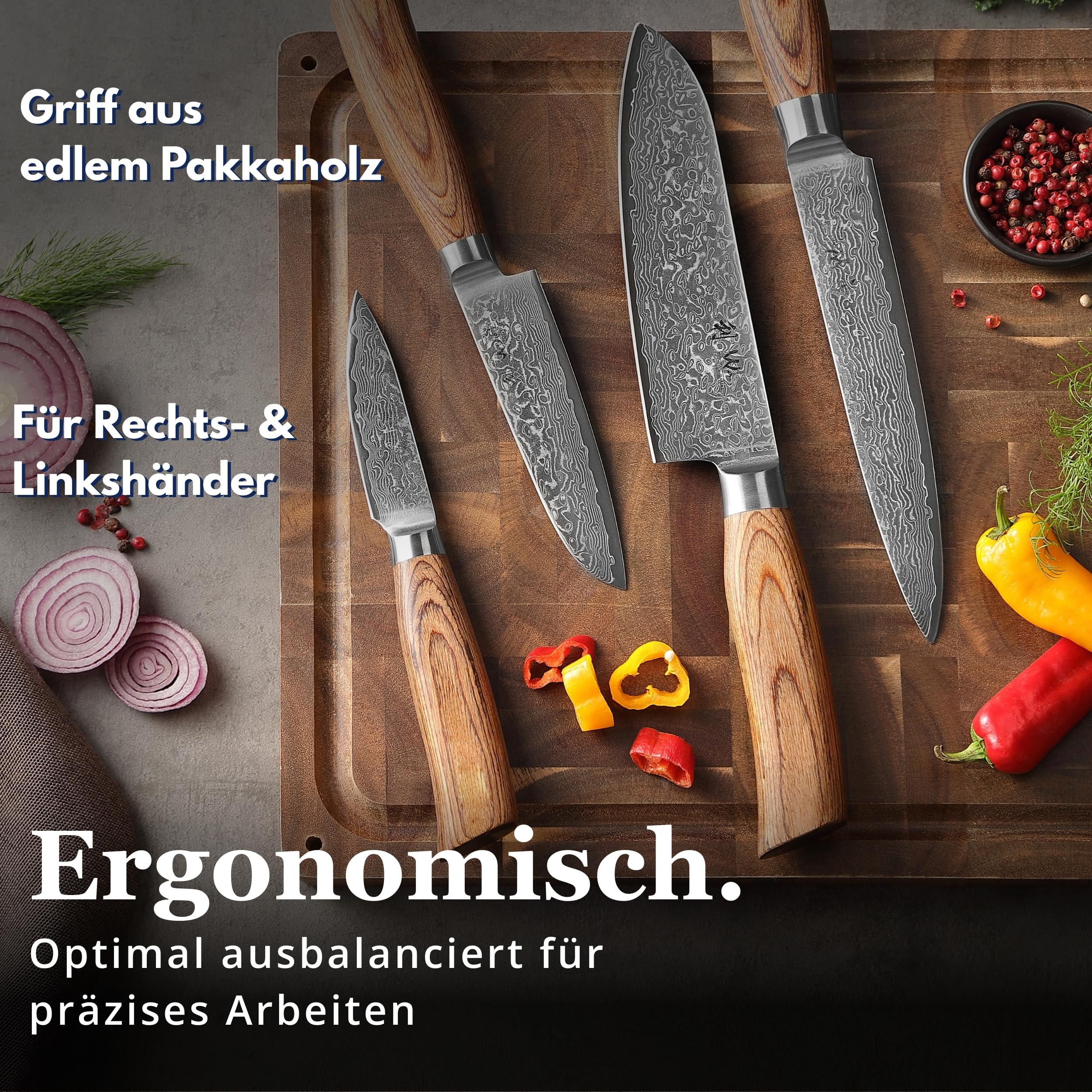 Wakoli EDIB Pro 4-teiliges Messerset aus 67 Lagen Damaststahl mit VG10 Kern | Fleischmesser, Santoku, kleines Santoku und Officemesser; Pakkaholzgriffe, Holzbox, 60 ± 2 HRC, für Fleisch, Fisch und Gemüse