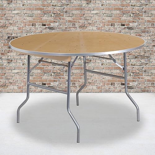 EMMA + OLIVER Mesa de banquete plegable redonda de madera de abedul resistente de 4 pies con bordes de metal