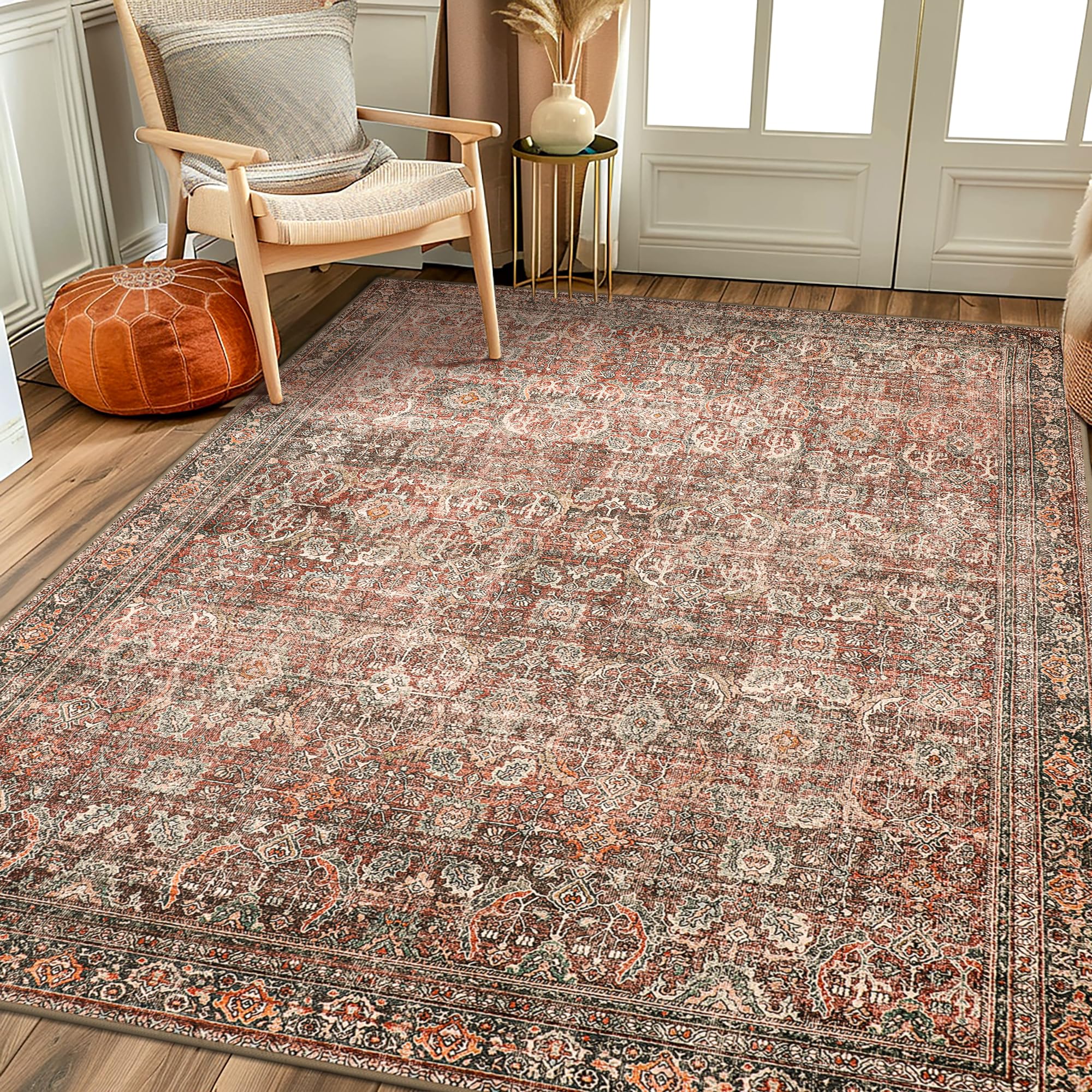 5X7 Area Rugs Machine Washable Runner Rugs for Living Room Bedroom Hallway, Non Slip Indoor Soft Accent Distressed Boho Vintage Print Lightweight Thin Low Pile Carpet