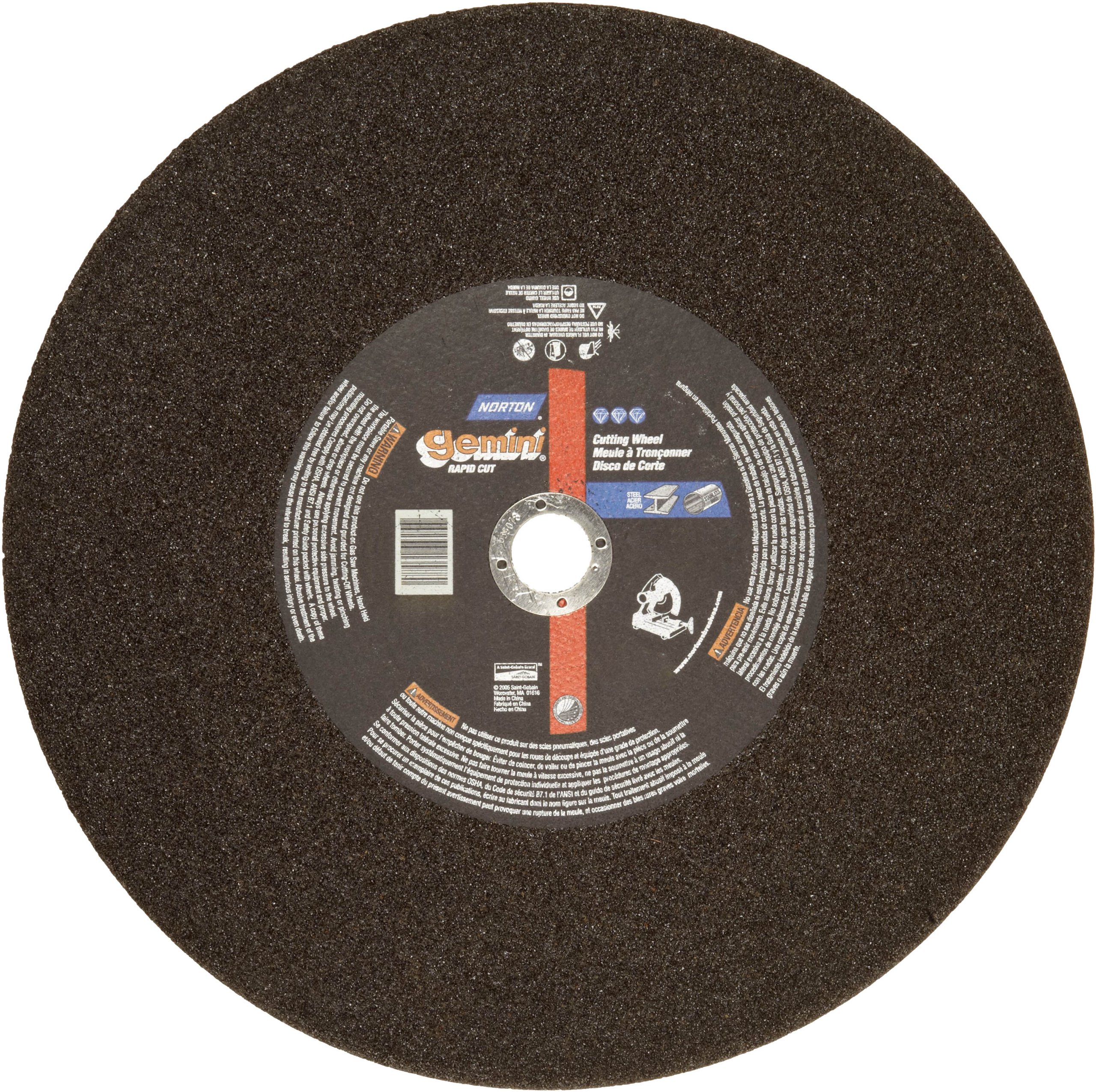 Norton Gemini Rapid Cut Chop Saw Reinforced Abrasive Cut-off Wheel, Type 01 Flat, Aluminum Oxide, 1