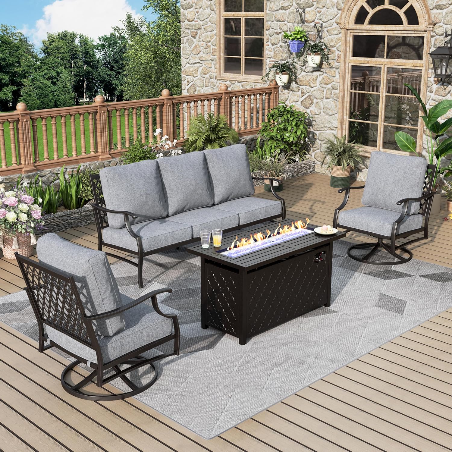 MIXPATIO Patio Furniture Set with Firepit Table, 4 Pcs Metal Outdoor Conversation Set, 2 Swivel Chairs and 3 Seater Sofa with 5.75" Extra Thick Cushion and Gas Fire Pit Table for Backyard Deck, Grey
