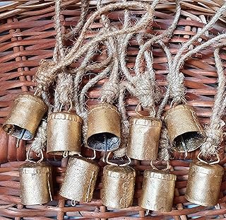 HIGHBIX 4cm Small Vintage Rustic Lucky Tin Metal Cow Bells Handmade Christmas Décor Bells on Jute Rope (10, Cylinder)