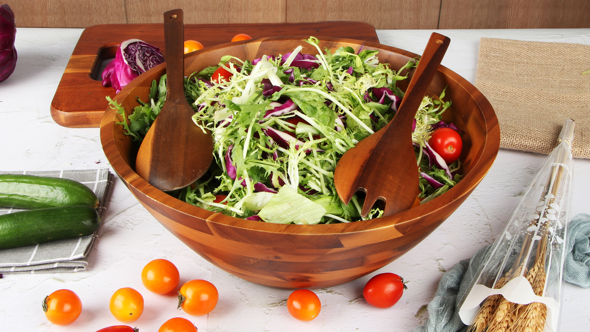 Bol En Bois D'acacia Avec Ustensiles - Set De Service 16 Cm - Pour Fruits, Salades, Soupes - Décoration Naturelle - 3